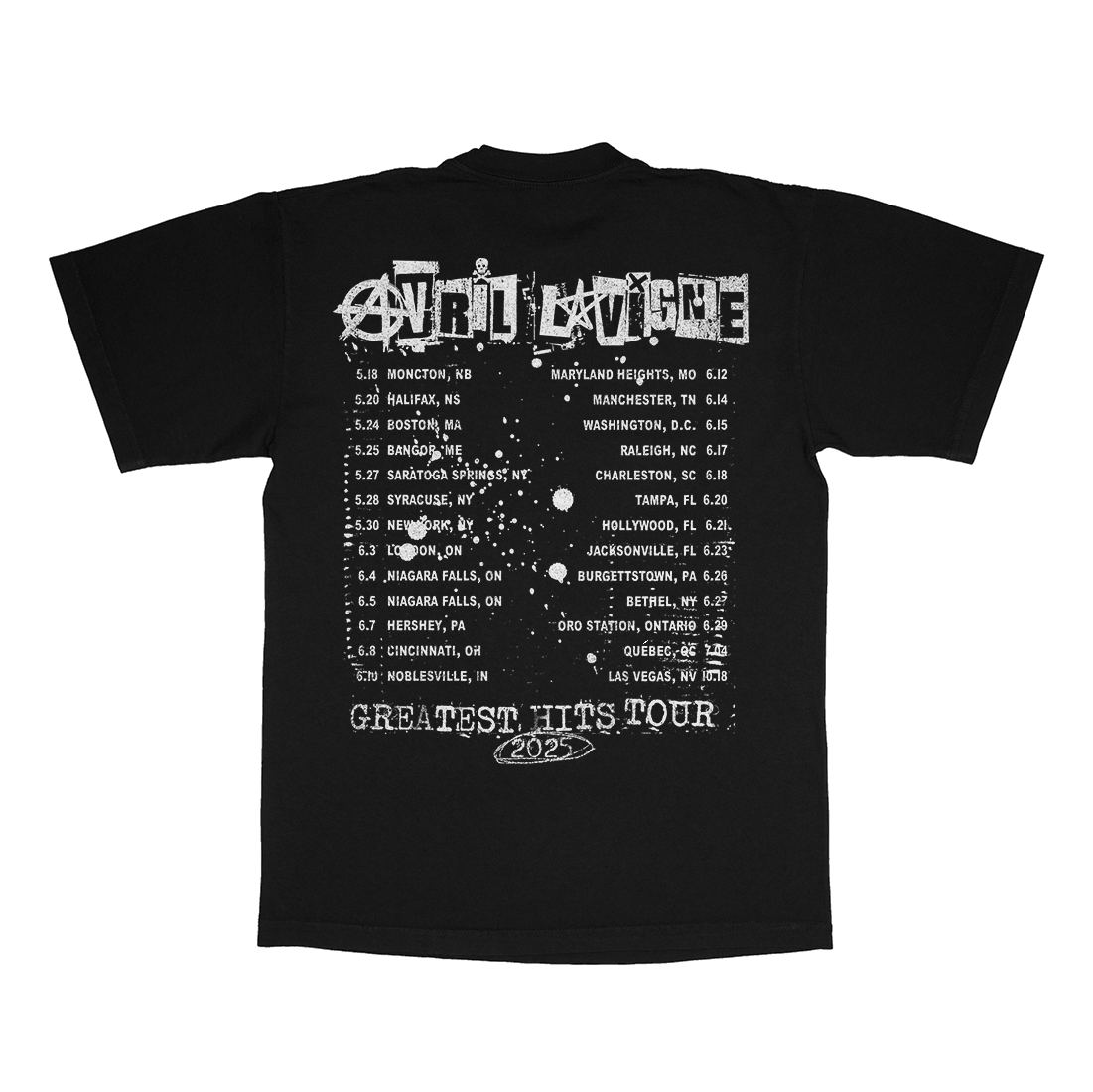 Greatest Hits Tour 2025 Dateback Black + White T-Shirt Back